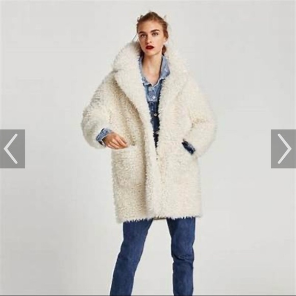 Zara White Fleece Teddy Oversized Coat Faux Shearling Lining